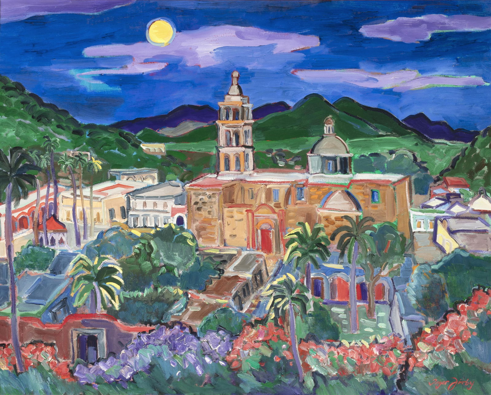 Inger Jirby, Full Moon Over Alamos, Mexico, 2004: Inger Jirby(b. 1947)Full Moon Over Alamos, Mexico, 2004oil on canvassigned lower right: Inger Kirbyinscribed verso: Alamos March 10 2024 / 38 x 48" / © Inger Jirby / FULL MOON OVER ALAMOS - / ME
