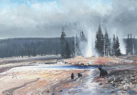 Michael Coleman, Yellowstone Thermal Pool, 1981: Michael Coleman(b. 1946)Yellowstone Thermal Pool, 1981gouache on watercolor boardsigned lower right: © Michael Colemaninscribed verso: Title "Yellowstone Thermal Pool" / Black Bears / Medium Gouache