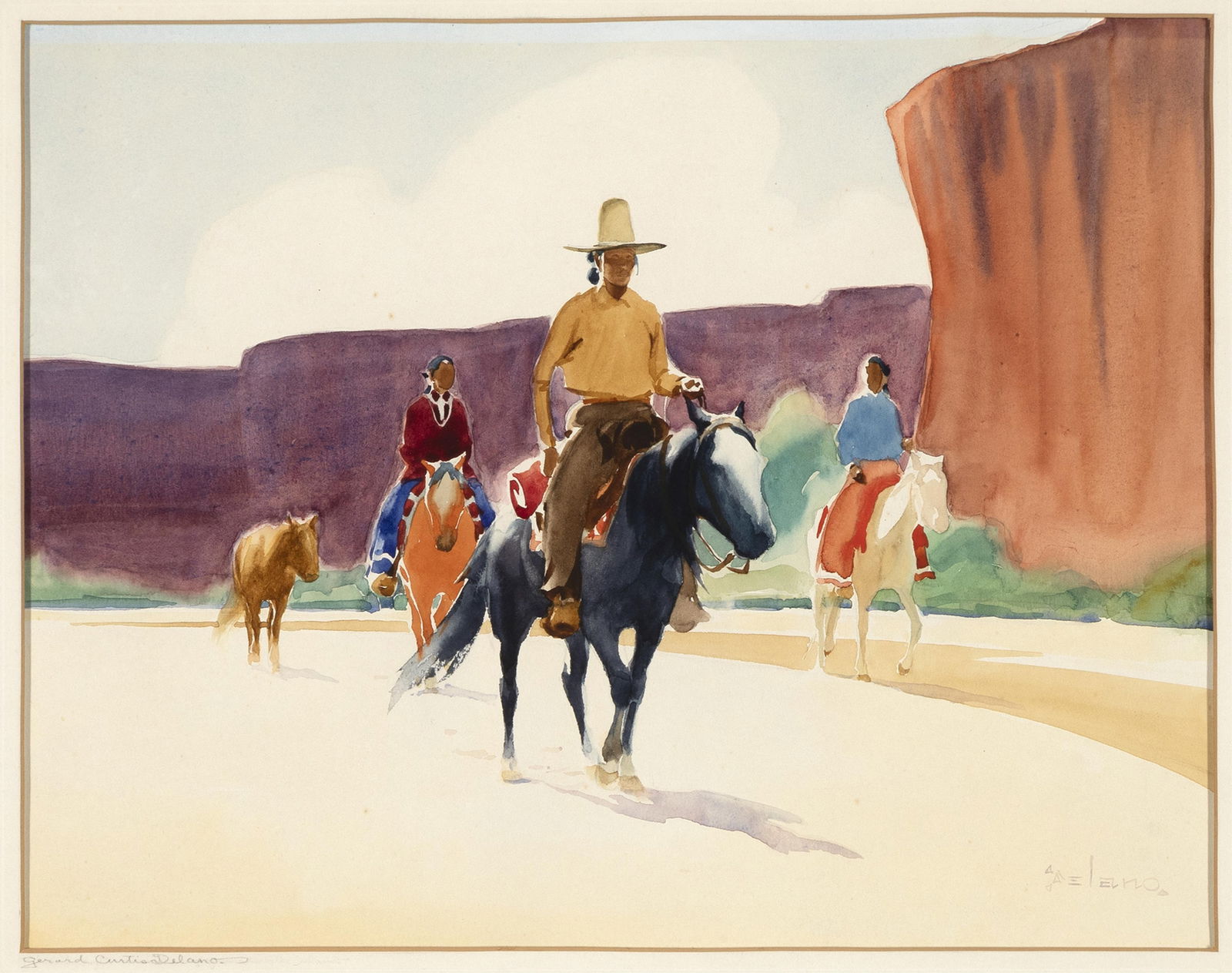 Gerard Curtis Delano, The Riders, ca. 1947: Gerard Curtis Delano(1890 - 1972)The Riders, ca. 1947watercolor on paperinscribed lower left: Gerard Curtis Delanotitled lower center: The Riderssigned lower right: Delanoartist's studio stamp v