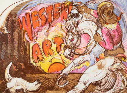 Luis Jiménez, Western Art, 1977: Luis Jiménez(1940 - 2006)Western Art, 1977hand colored monoprintaccompanied by letter (2011) from Sarah Moodyprinted by Ron Adams, Hand Graphics26 x 35 3/4 in. (66 x 90.8 cm.), frame: 33 x 43 x 3/4 i