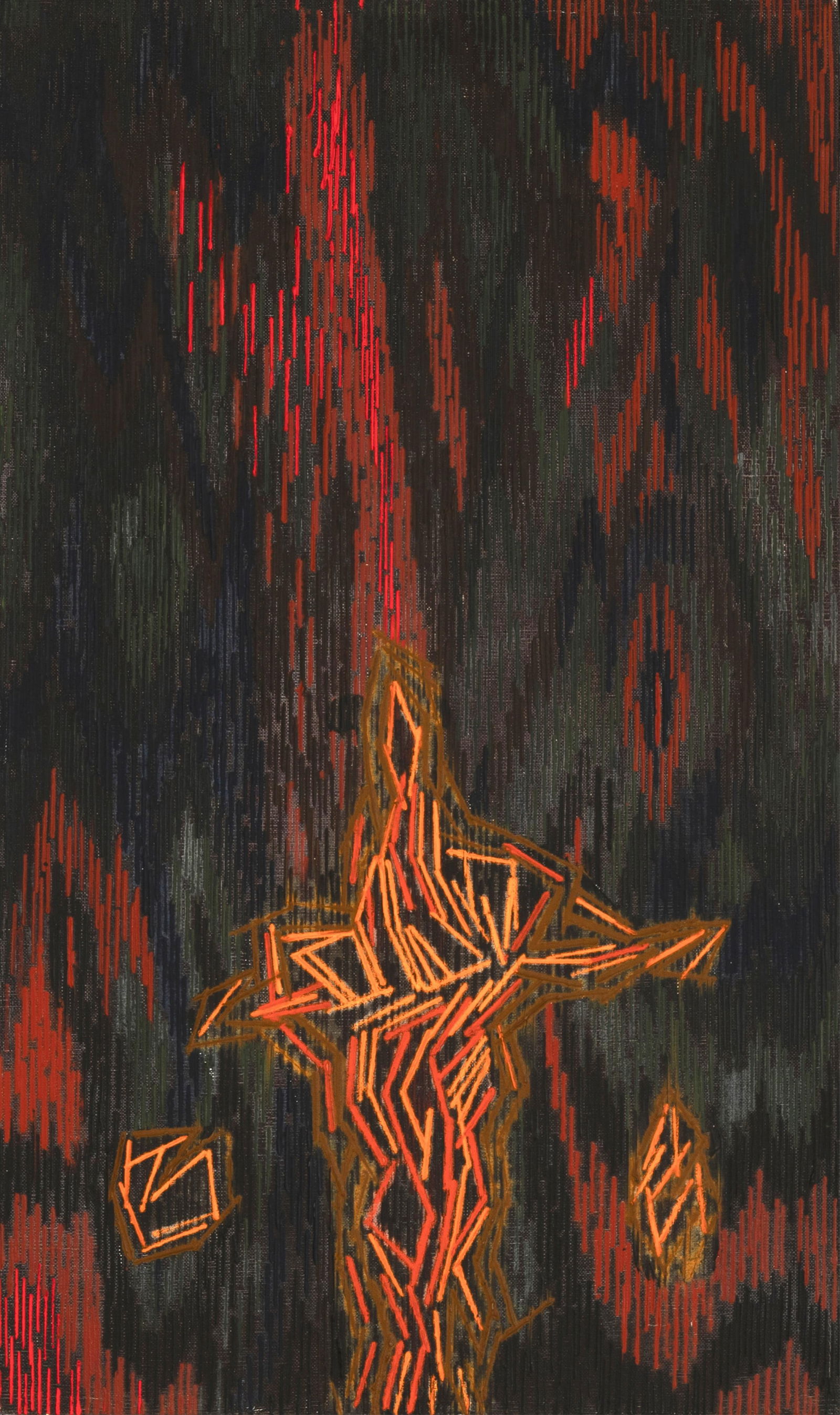 Lee Mullican, Turning, 1962: Lee Mullican(1919 - 1998)Turning, 1962oil on canvas25 x 15 in. (63.5 x 38.1 cm.), frame: 26 1/8 x 16 1/4 x 1 1/2 in. (66.4 x 41.3 x 3.8 cm.) Aaron Payne Fine Art, Santa Fe, New Mexico, 2015The Gregory