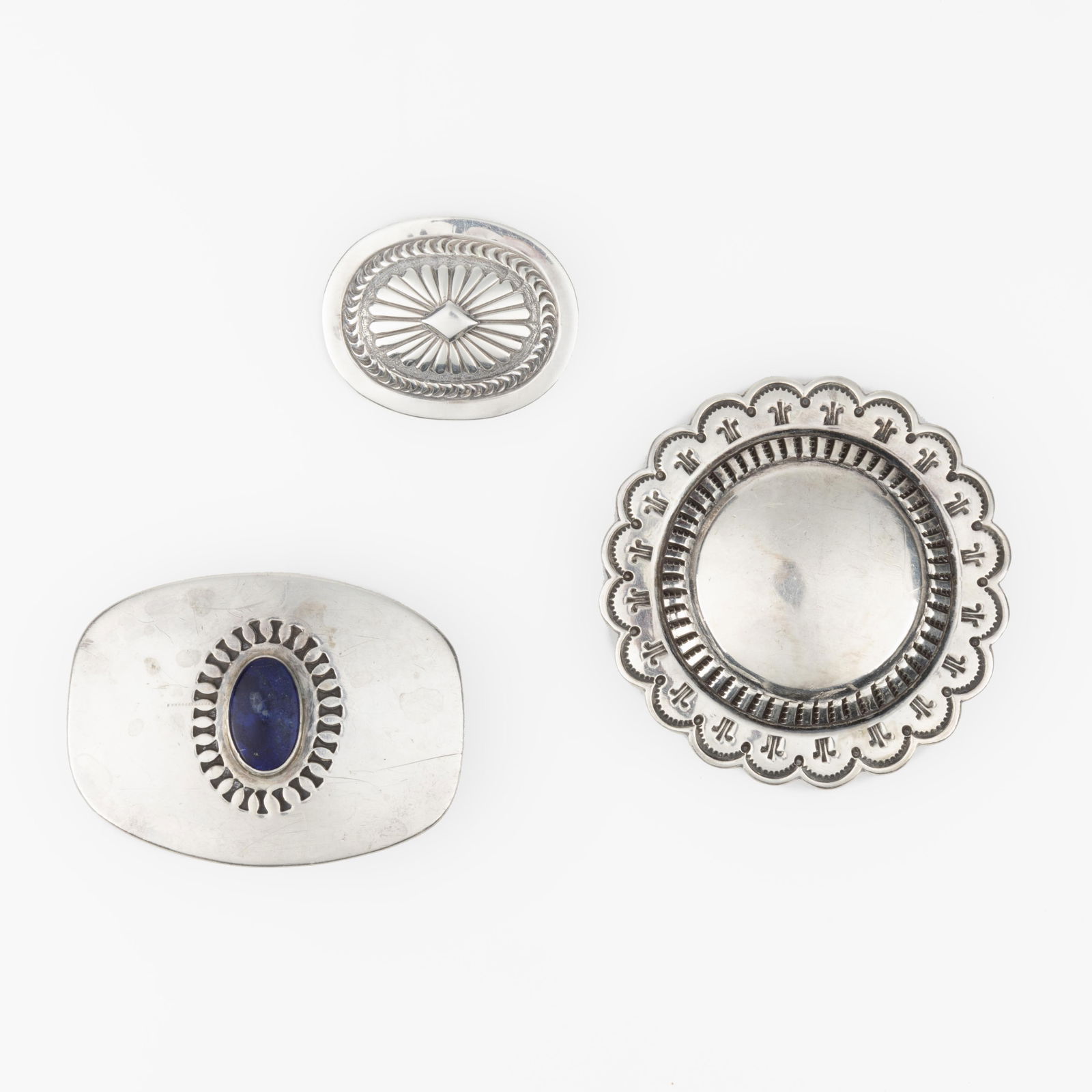 Unknown + Cippy Crazy Horse, Lot of Two Silver Belt Buckles + Silver Pin (1 of 2)