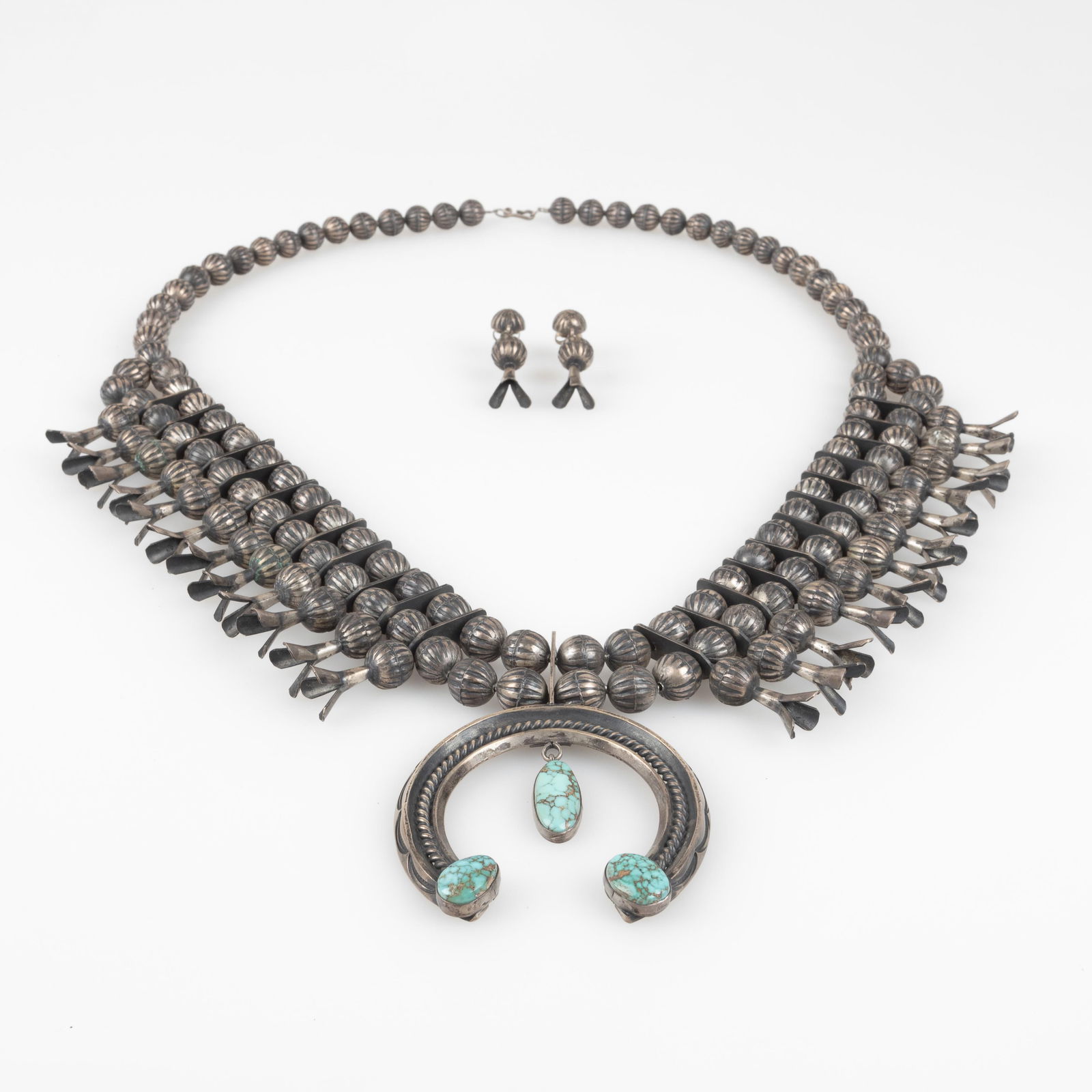 Paul J. Begay, Carico Lake Turquoise Squash Blossom and Earrings Set (1 of 7)