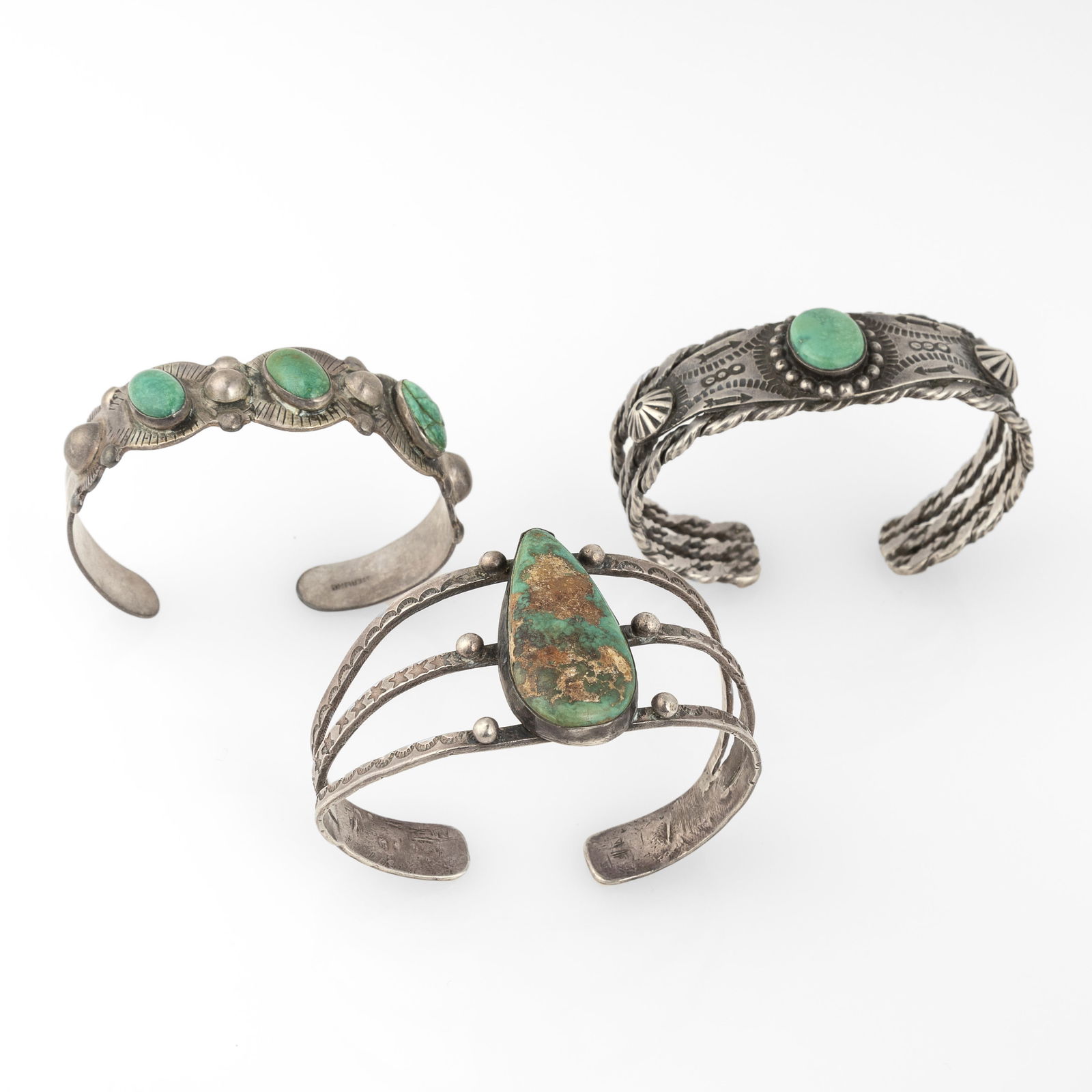Set of Three Silver and Turquoise Fred Harvey Era Bracelets (1 of 3)