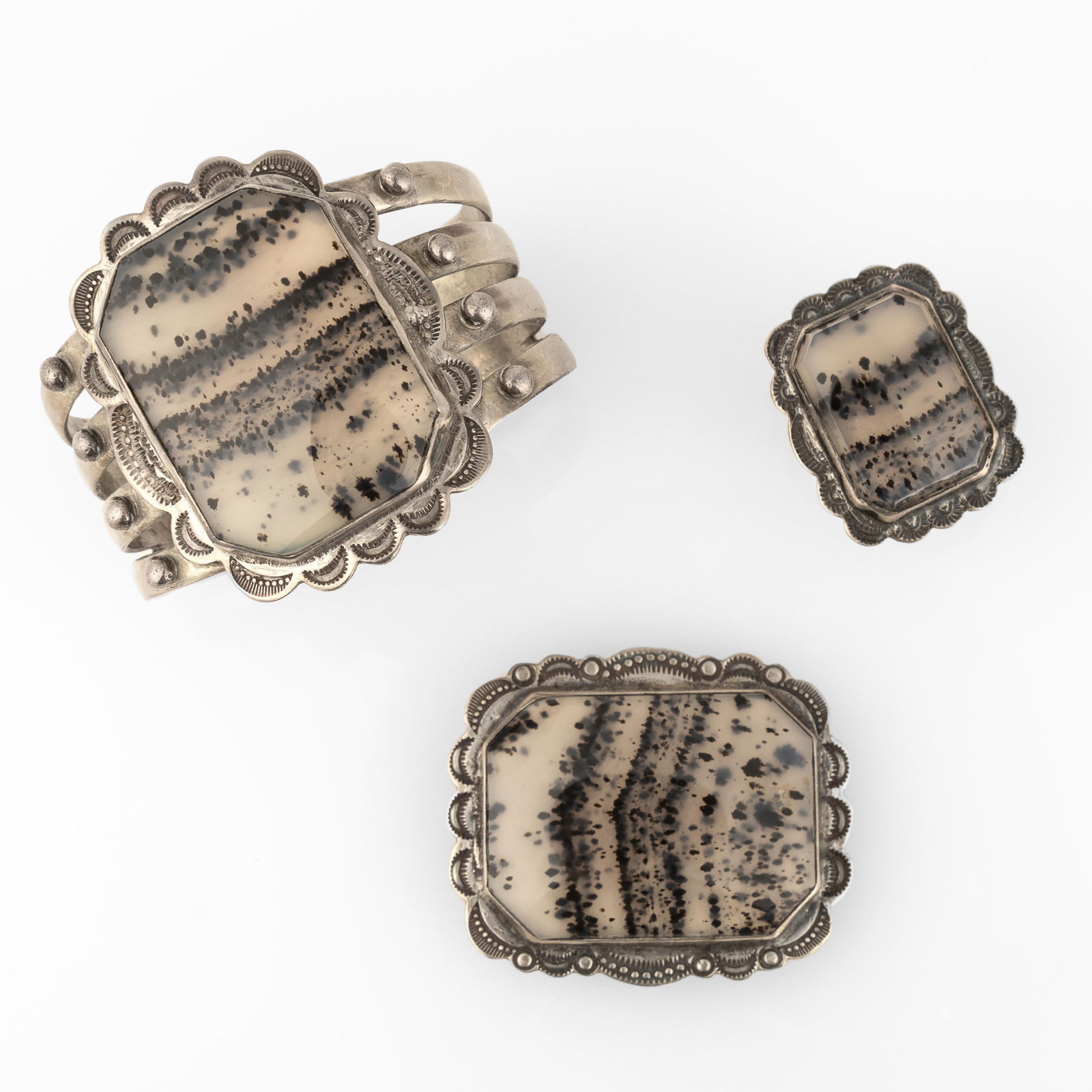 Diné (Navajo), Three Piece Moss Agate Suite, ca. 1935: Bracelet + Ring + Pin (1 of 10)