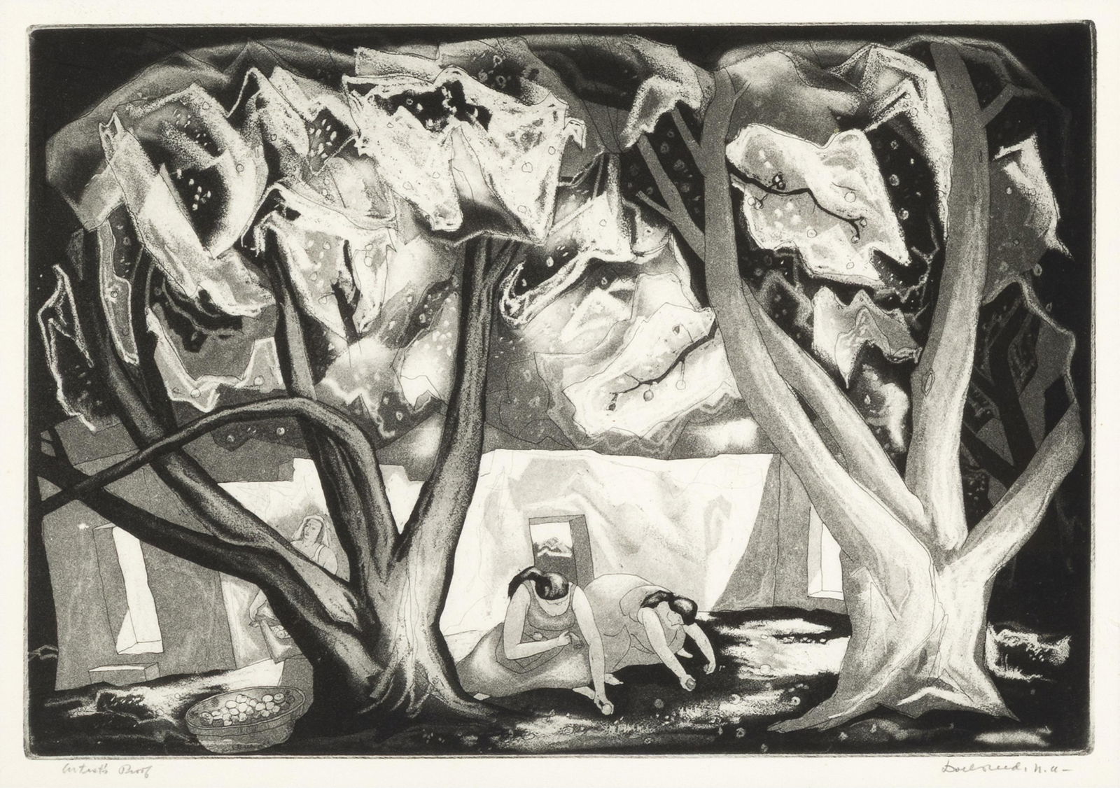 Doel Reed, Women Gathering Apples, 1946: Doel Reed(1894 - 1985)Women Gathering Apples, 1946etching, aquatint, artist's proofeditioned lower left: Artist's Proofsigned lower right: Doel Reed, N.M-12 x 17 1/2 in. (30.5 x 44.5 cm.), frame: 27 x