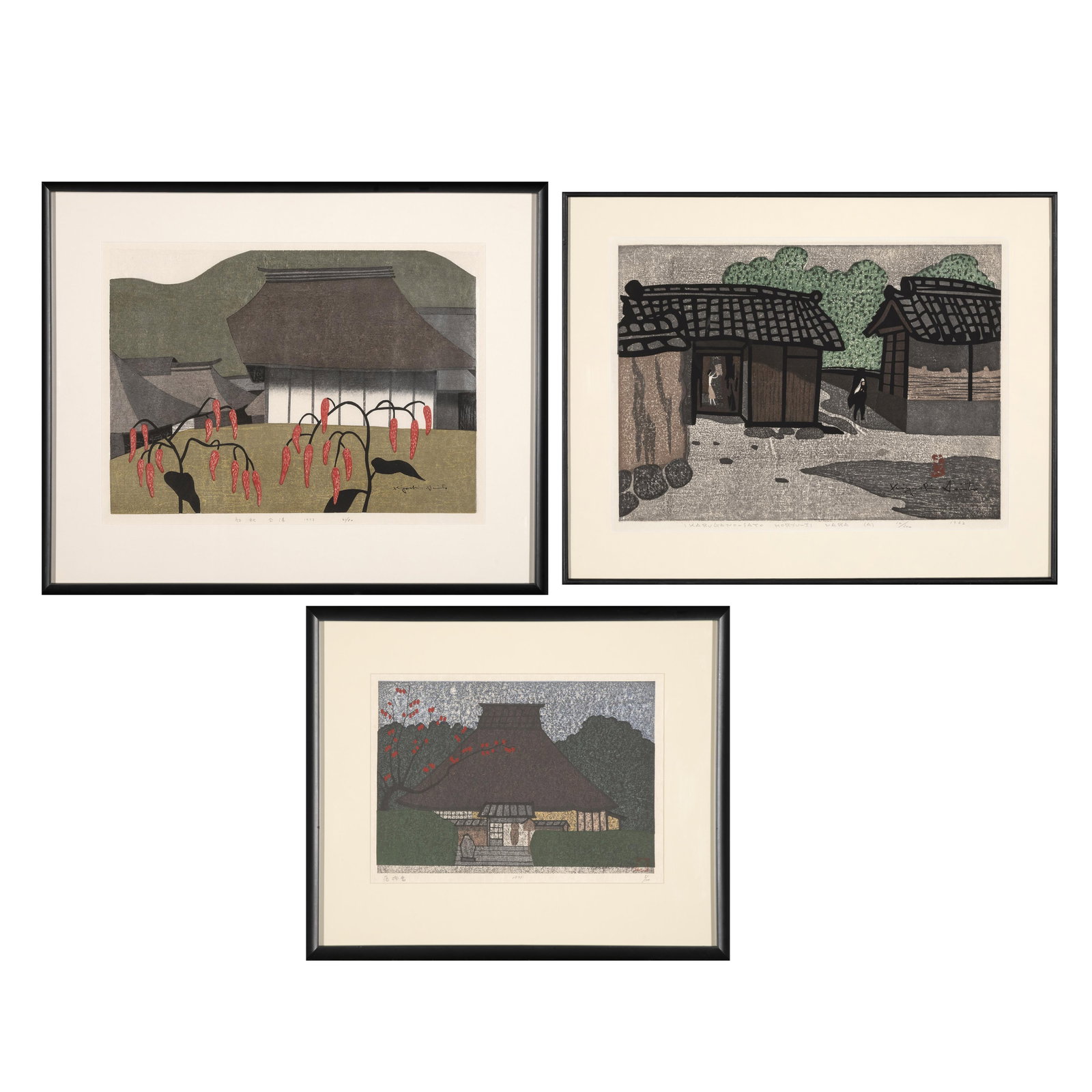 Kiyoshi Saito + Noriaki Okamoto, Group of Three Woodcuts: Ikaruga No-Sato Horyu-Ji Nara, 1962 + (1 of 7)