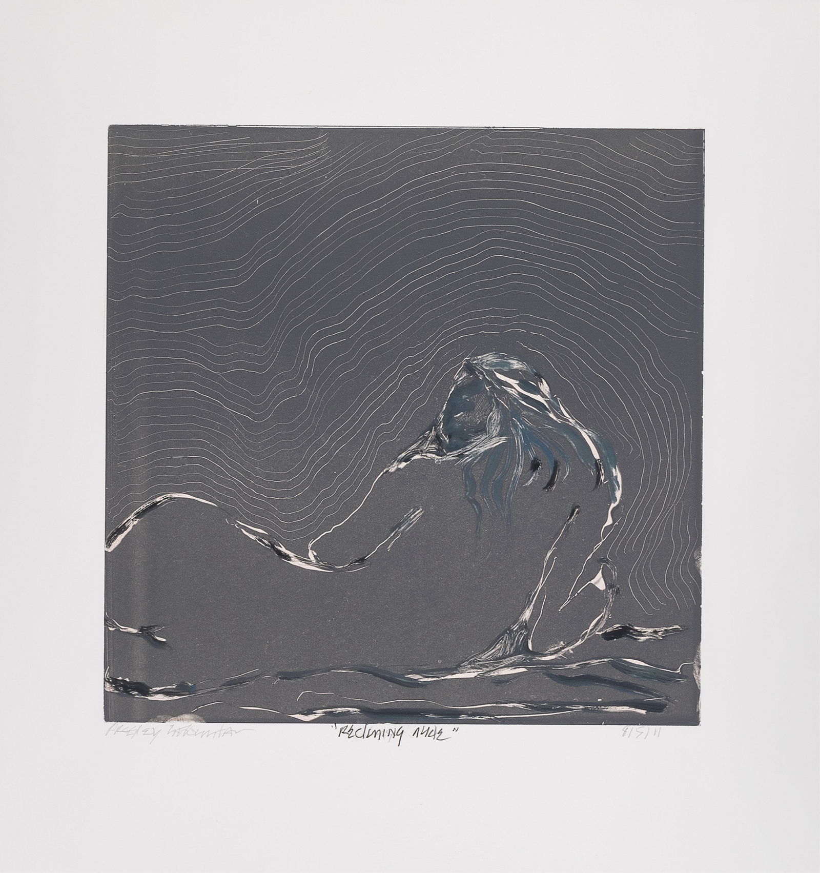 Presley LaFountain, Reclining Nude, 2011: Presley LaFountainChippewa, (b. 1956)Reclining Nude, 2011monotypesigned lower left: PRESLEY LAFOUNTAINtitled lower center: "Reclining Nude"dated lower right: 8/5/1123 3/4 x 10 3/8 in.