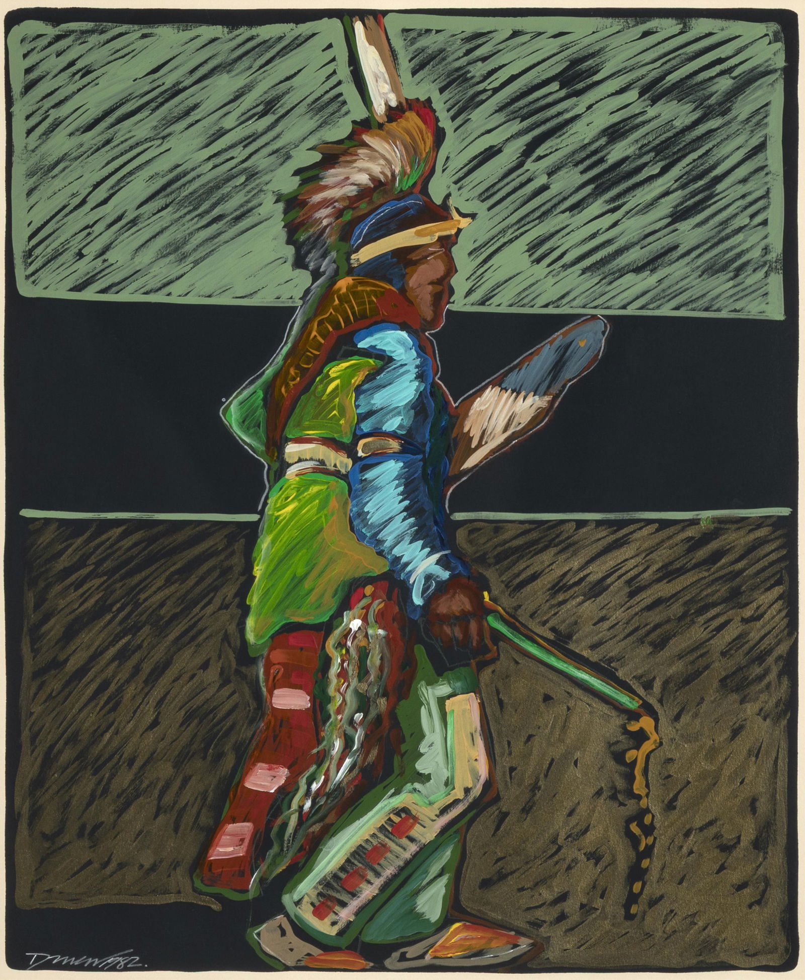 Darren Vigil Gray, Grass Dancer, 1982: Darren Vigil GrayJicarilla Apache, (b. 1959)Grass Dancer, 1982mixed media on papersigned and dated lower left: Darren 1982.22 1/2 x 15 in. (57.2 x 38.1 cm.), frame: 31 1/4 x 24 5/8 x 1 1/2 in. (79.4 x