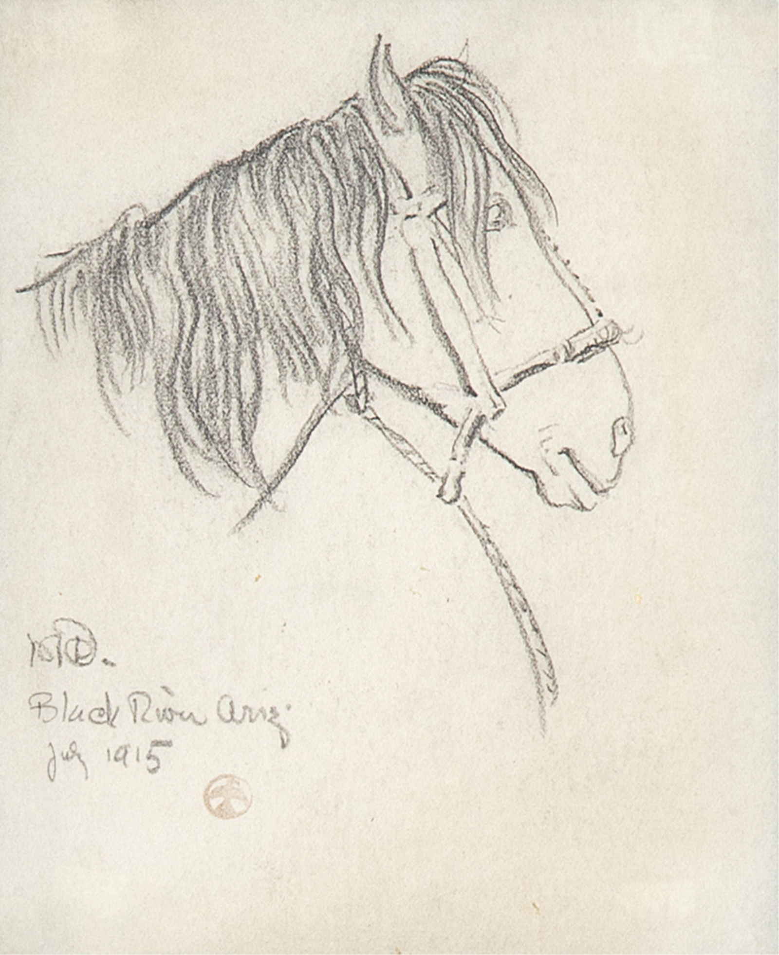 Maynard Dixon, Navajo Pony, 1915: Maynard Dixon(1875 - 1946)Navajo Pony, 1915graphite on papersigned lower left: MD- / Black River Arz. / July 1915 [bird cipher]inscribed verso: NAVAJO PONY_1915 / at Black River - Arizona / By Maynard