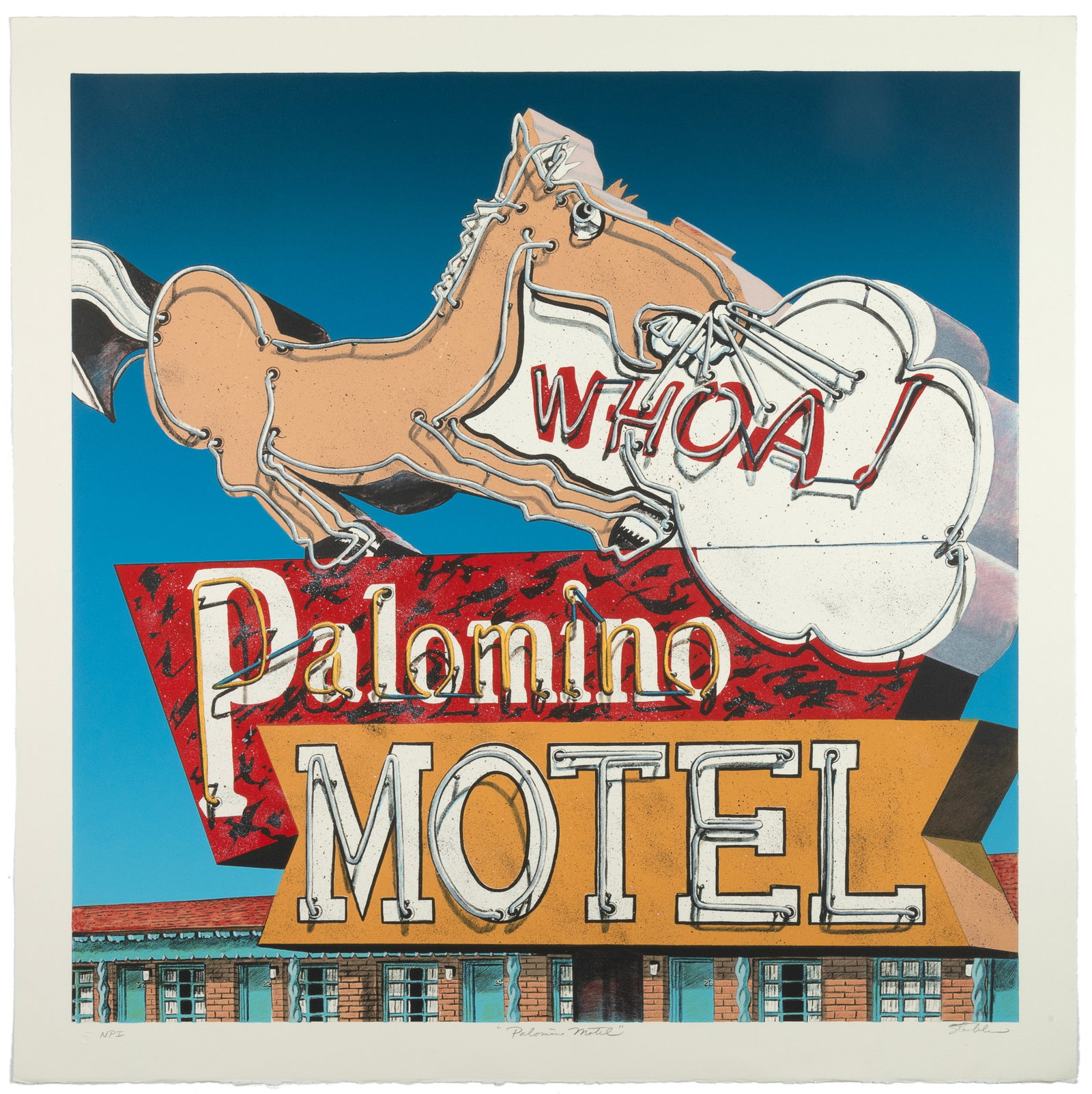 Don Stambler, Palomino Motel, 1992: Don Stambler (20th/21st Century) Palomino Motel, 1992 lithograph, Naravisa Press Impression printer's chop lower left editioned lower left: NPI titled lower center: "Palomino Motel" signed l