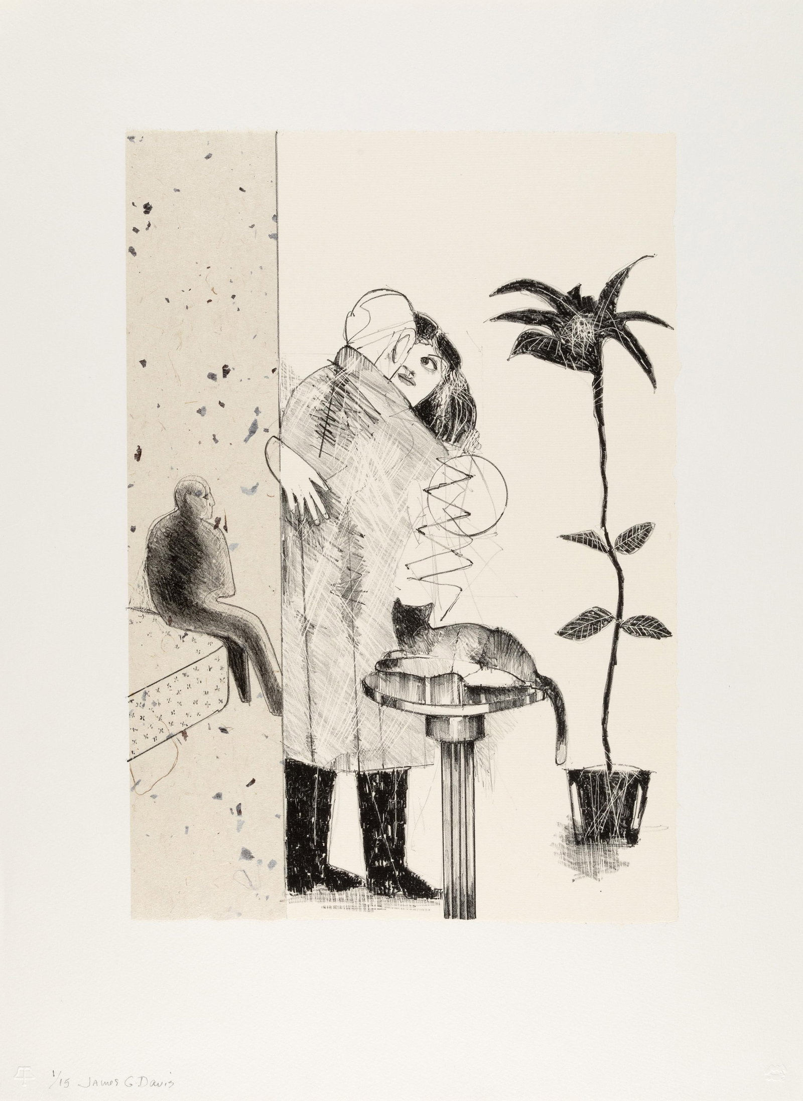 James G. Davis, The Embrace, 1989: James G. Davis (1931 - 2016) The Embrace, 1989 lithograph with chin colle, edition 1 of 15 Tamarind embossment lower left editioned lower left: 1/15 signed lower left: James G Davis 17 x 12 in. (43.2 