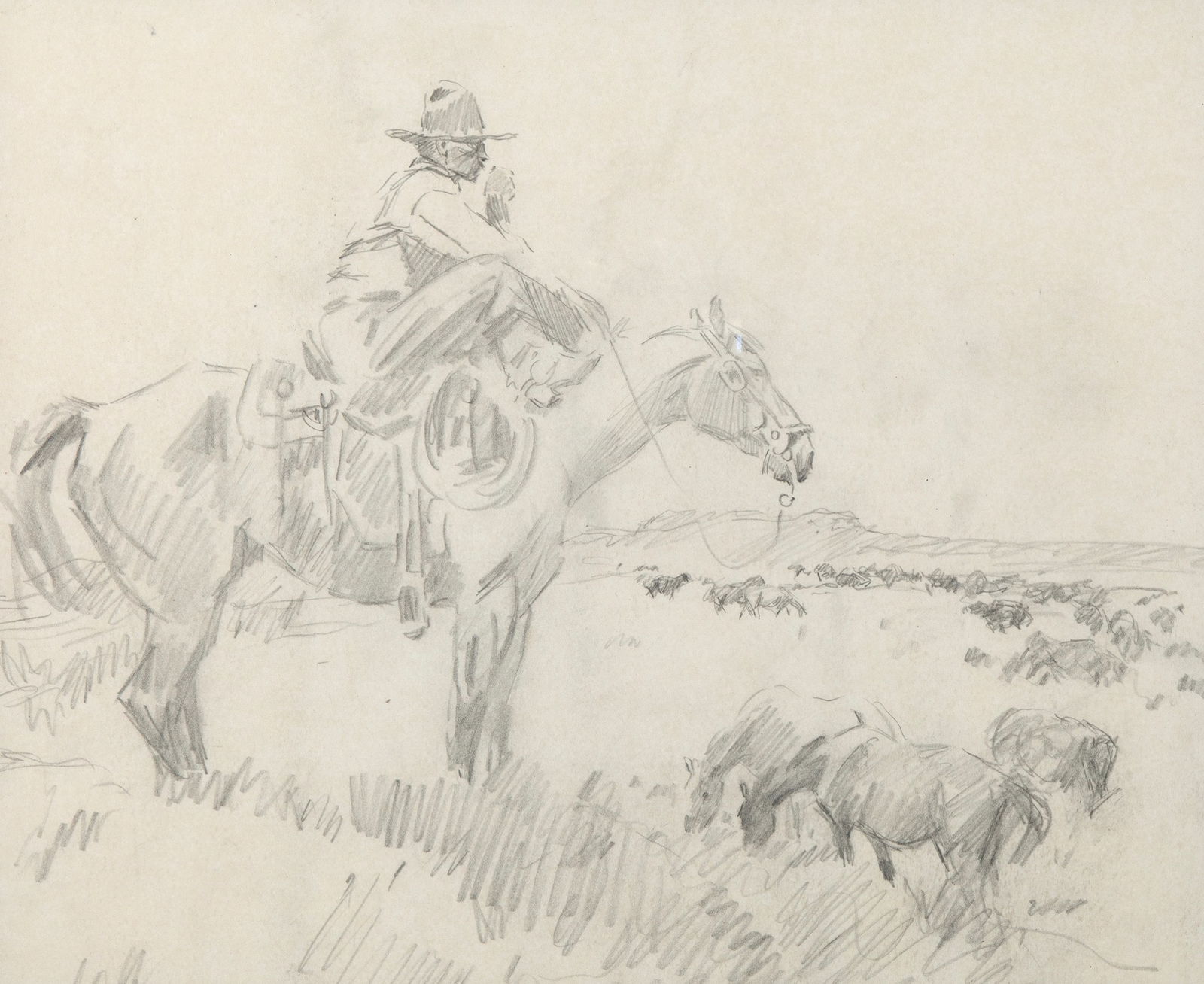 Frank B. Hoffman, Untitled (Cowboy Watching Over Herd): Frank B. Hoffman(1888 - 1958)Untitled (Cowboy Watching Over Herd)graphite on paperinscribed verso: Frank Hoffman14 x 17 in. (35.6 x 43.2 cm.), frame: 21 1/2 x 24 1/2 in. (54.6 x 62.2 cm.) The Gregory