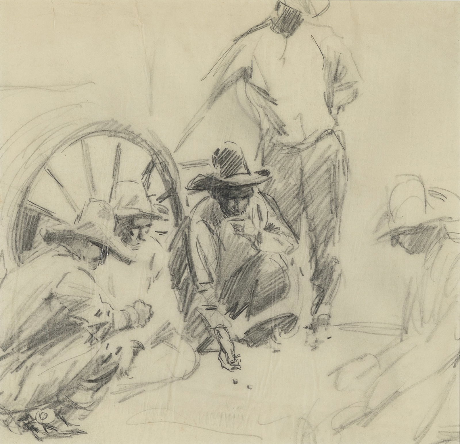 Frank B. Hoffman, Untitled (Cowboys at Rest): Frank B. Hoffman(1888 - 1958)Untitled (Cowboys at Rest)graphite on paperstamped verso: Estate of FRANK HOFFMAN13 1/2 x 14 in. (34.3 x 35.6 cm.), frame: 21 1/8 x 21 5/8 x 1 in. (53.7 x 54.9 x 2.5 cm.)