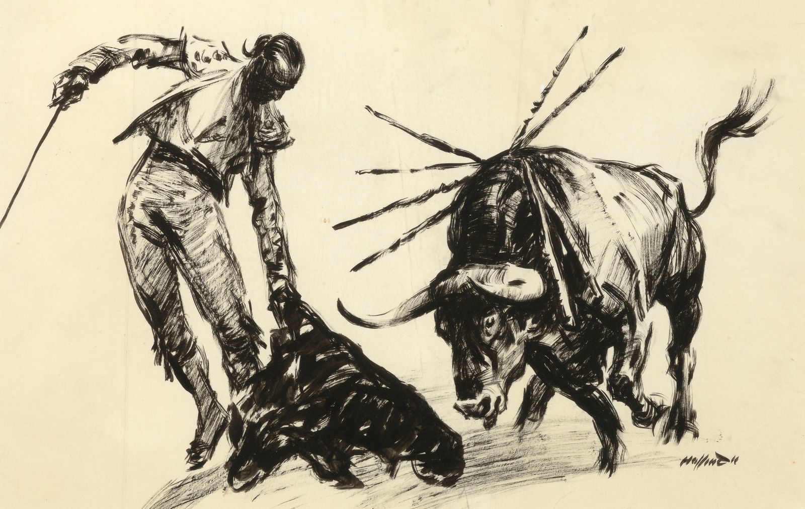 Frank B. Hoffman, Untitled (Bullfight): Frank B. Hoffman(1888 - 1958)Untitled (Bullfight)ink on papersigned lower right: Hoffman12 3/4 x 20 in. (32.4 x 50.8 cm.), frame: 21 x 28 3/8 x 1 3/4 in. (53.3 x 72.1 x 4.4 cm.) The Gregory Warren Nel