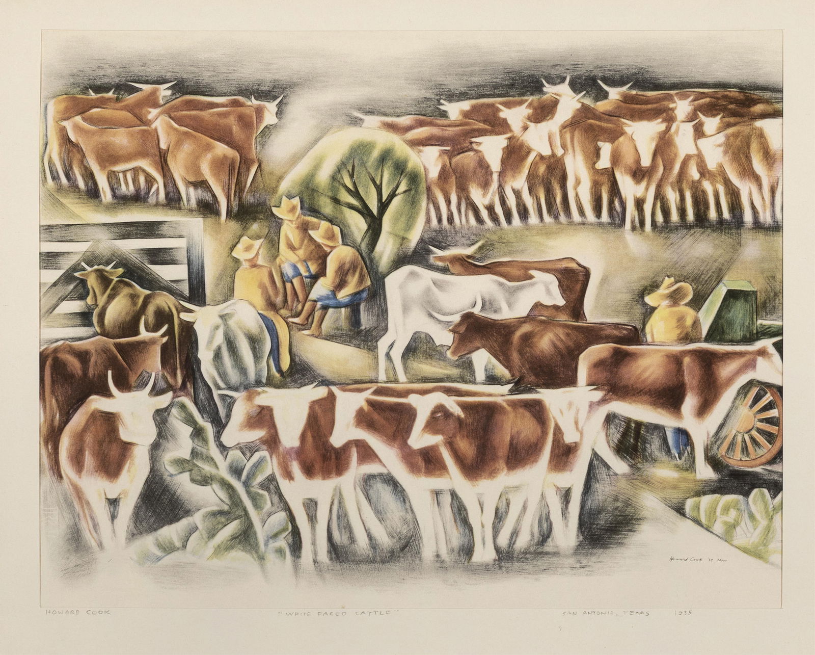 Howard Norton Cook, White Faced Cattle, 1935: Howard Norton Cook(1901 - 1980)White Faced Cattle, 1935offset lithographsigned and dated in plate lower right: Howard Cook '35 Texassigned lower left: HOWARD COOKtitled lower center: "WHITE FACED CATT