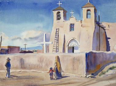 Agnes Anne Abbot, Two Sided Painting: Mission Church - Ranchos de Taos / Untitled (Pond Scene), ca.