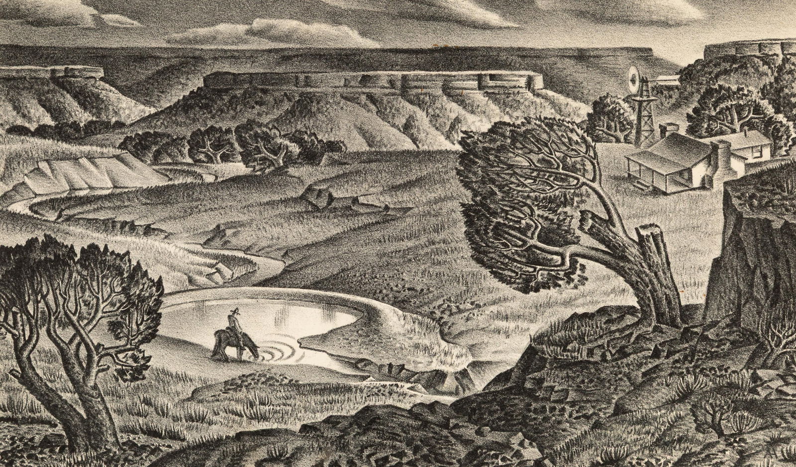 Alexandre Hogue, Cap Rock Ranch, 1945: Alexandre Hogue(1898 - 1994)Cap Rock Ranch, 1945lithograph, edition of 250titled lower left: Cap Rock Ranchsinged lower right: Alexandre Hoguepublished by Associated American Artists7 x 11