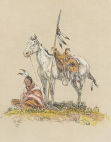 Olaf Carl Wieghorst, Indian Sitting in Front of White Horse, watercolor, ink on paper