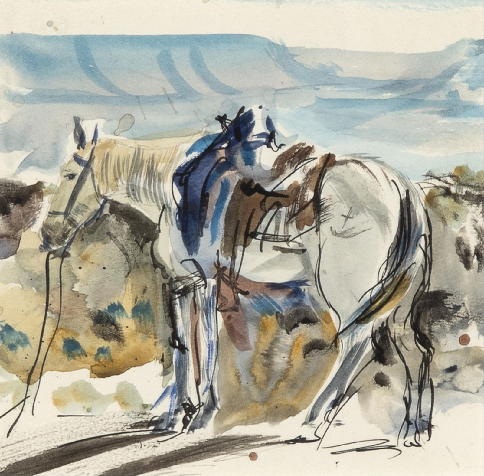Peter Hurd, The White Pony: Peter Hurd(1904 - 1984)The White Ponywatercolor on paperinscribed verso: THE WHITE PONY4 1/2 x 4 5/8 in. (11.4 x 11.7 cm.), mat: 5 x 5 1/8 in. (12.7 x 13 cm.), frame: 14 x 14 in. (35.6 x 35.6 cm.) Ned