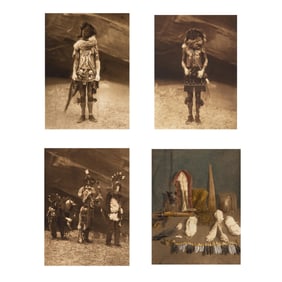 Edward S. Curtis, Group of Four Photogravures: Navajo Masks + Hand-colored Contents of Bundle of