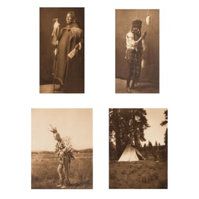 Edward S. Curtis, Group of Four Photogravures: Great Plains Male Portraits + Author's Camp