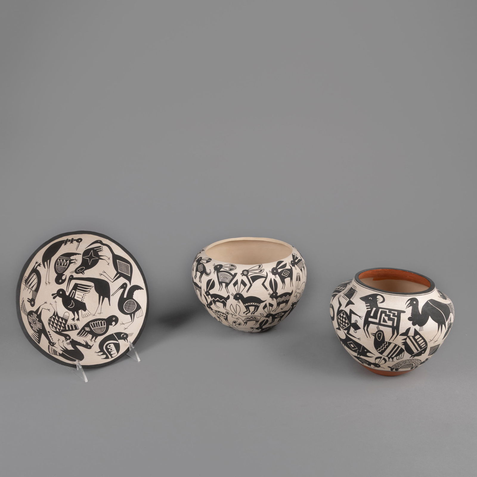 John F. Aragon, Three Mimbres Style Pottery Items: Plate + Two Bowls (1 of 3)