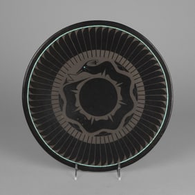 Lorenzo + John Gonzales, Blackware Plate with Avanyu and Feather Designs, 1992