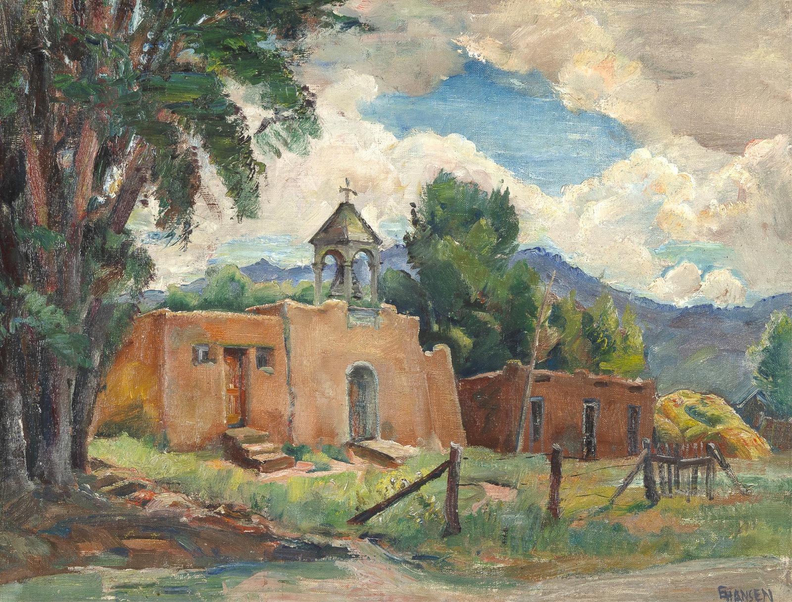 Ejnar Hansen, La Cienega, ca. 1930: Ejnar HansenDanish, (1884 - 1965)La Cienega, ca. 1930oil on canvas boardsigned lower right: EHANSENinscribed verso: EJNAR HANSEN / PASADENA / CALIF20 x 26 1/4 in. (50.8 x 66.7 cm.), frame: 27 3/4 x 34