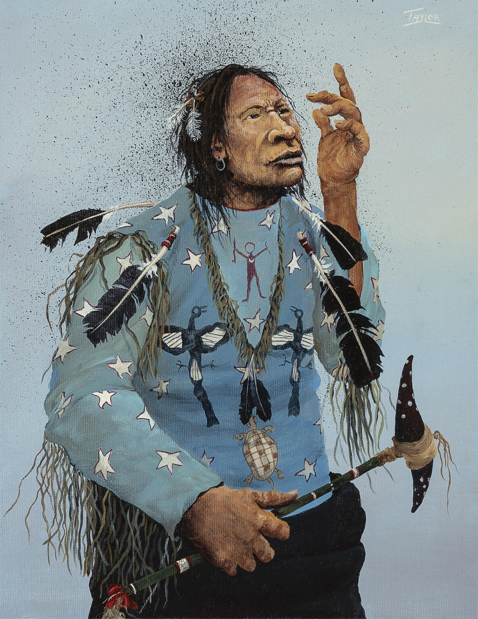 Robert Lee Taylor, One Day We Soared With Clouds, 1995: Robert Lee TaylorCherokee/Blackfoot, (b. 1951)One Day We Soared With Clouds, 1995acrylic on canvassigned upper right: TAYLORinscribed verso: "One Day We Soared With Clouds" / © '95 TAYLOR14