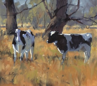 Ros Psakis, Two Paintings: Horses in Yard + Dairy Cows