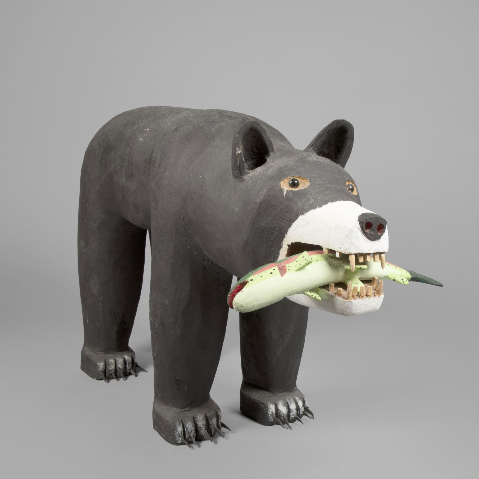 Leroy Archuleta, Bear with Fish, 1992: Leroy Archuleta1949 - 2002Bear with Fish, 1992carved and painted wood, glassinscribed: 10-30-92 / Leroy ArchuletA22 x 41 x 12 1/2 in. (55.9 x 104.1 x 31.8 cm.) Private Collection, New Jersey