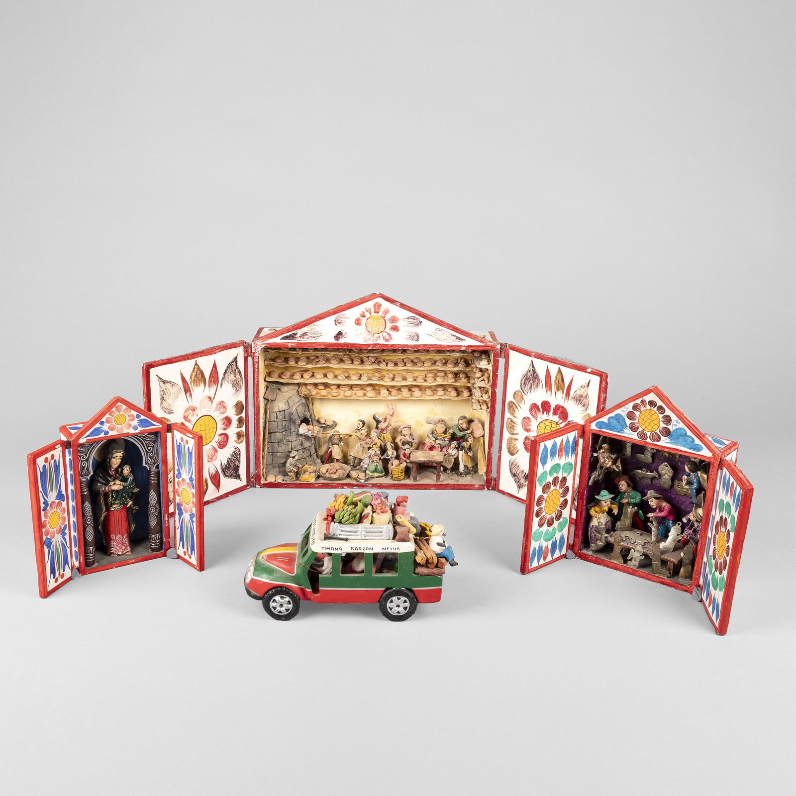 Mexico, Group of Three Daily Life Nichos + One Pottery Car (1 of 3)