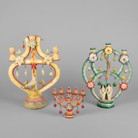 Mexico, Three Polychrome Candelabras, ca. 1945
