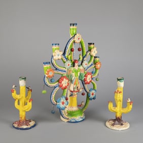Mexico, Polychrome Candelabra and Pair of Cactus Candlesticks, ca. 1945
