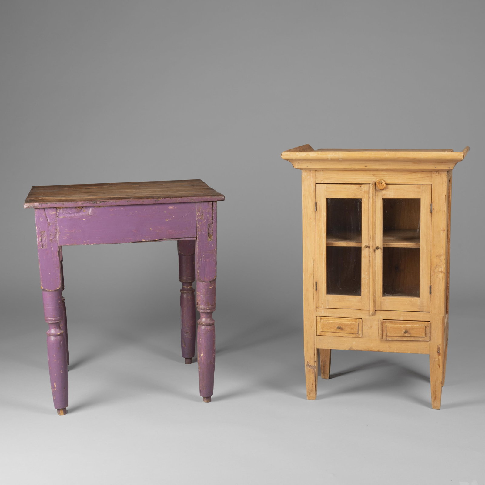 Mexico, Two Furniture Pieces: Table + Vitrine, 20th Century: Mexico Two Furniture Pieces: Table + Vitrine, 20th Century carved and painted wood, carved wood table: 25 3/8 x 21 3/8 x 22 7/8 in. (64.5 x 54.3 x 58.1 cm.), vitrine: 30 1/2 x 20 1/2 x 10 3/4 in. (77.