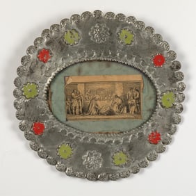 New Mexico, Pair of Circular Tin Frames with Painted Flowers
