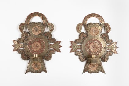 New Mexico, Pair of Stamped Tin Sconces, ca. 1930