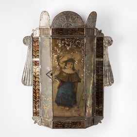 La Mesilla Tinsmith, Santo Niño de Atocha in Tin and Painted Glass Nicho, ca. 1900