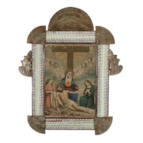Isleta, New Mexico, Thirteenth Station of the Cross Print in Tin Frame, ca. 1900