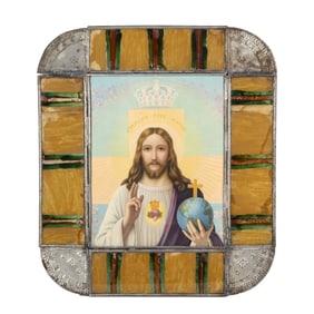 New Mexico, Salvador del Mundo in Tin and Painted Glass Frame, ca. 1890