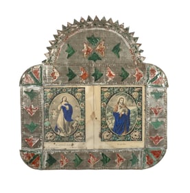 Higinio V. Gonzalez, Red and Green Tin Frame with Devotional Prints, ca. 1885
