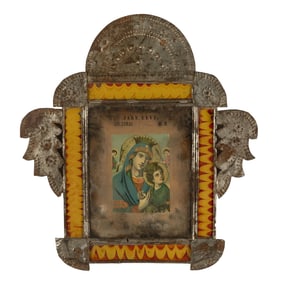 Mary and Christ Child in Winged Stamped Tin Frame, ca. 1900