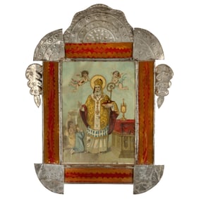 New Mexico, San Nicolás in Tin and Reverse Painted Glass Frame, ca. 1900