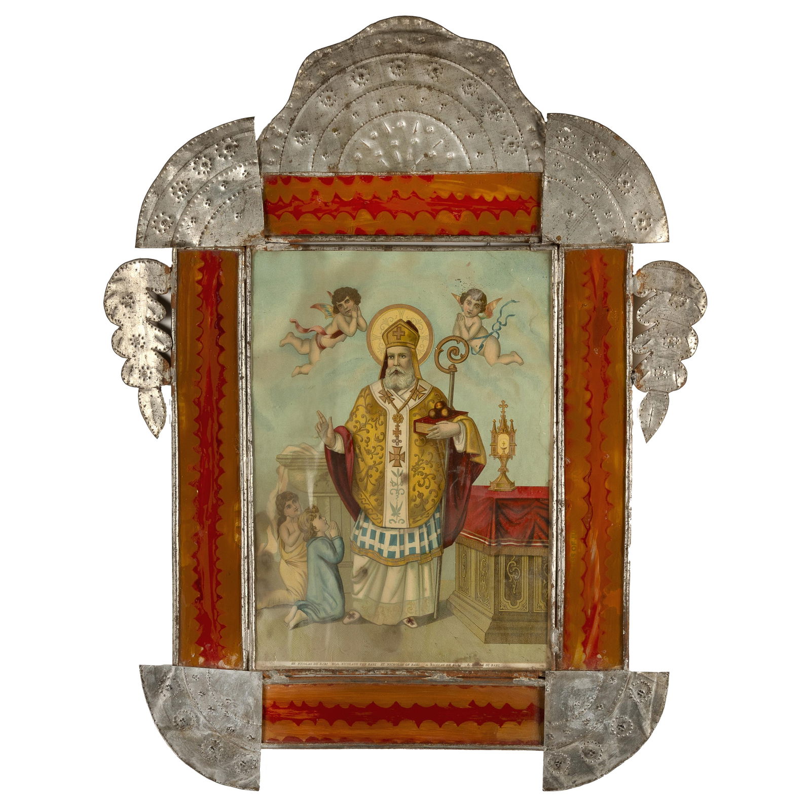 New Mexico, San Nicolás in Tin and Reverse Painted Glass Frame, ca. 1900 (1 of 2)