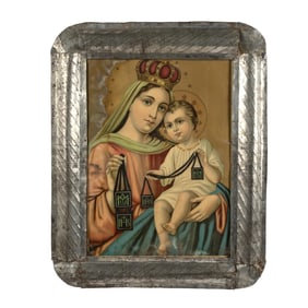 New Mexico, Tin Frame with Mother and Child Devotional Print, ca. 1890