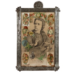 New Mexico, Stamped Tin Frame with Collaged Print of St. John the Evangelist