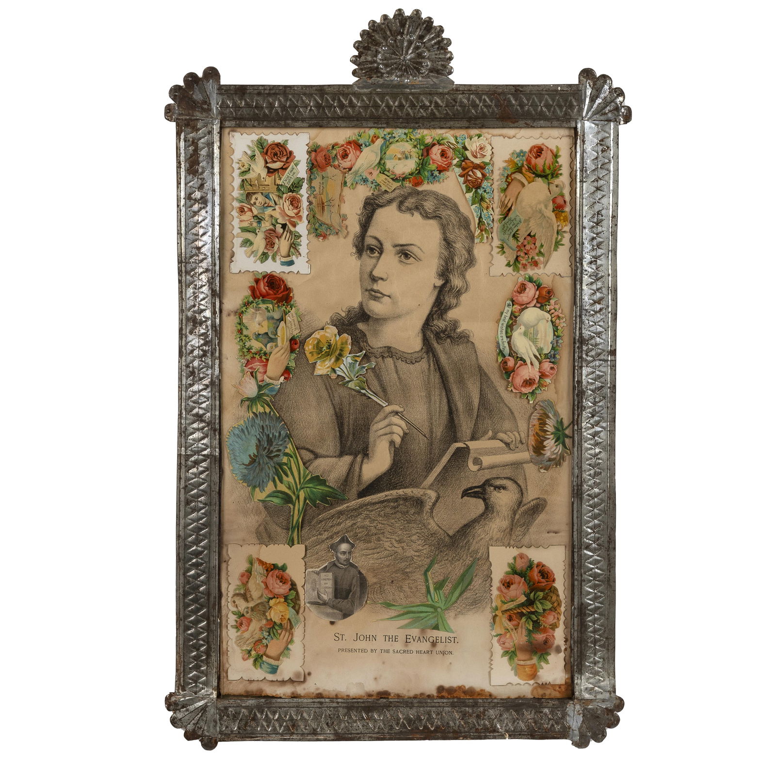 New Mexico, Stamped Tin Frame with Collaged Print of St. John the Evangelist, ca. 1920 (1 of 3)