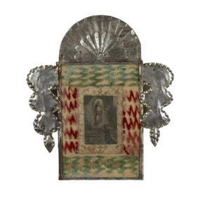 New Mexico, Reverse Painted Glass and Stamped Tin Frame with Devotional Print, ca. 1890
