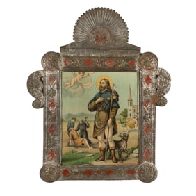 Valencia Red and Green Tinsmith, Devotional Print in Tin Frame with Painted Accents, ca. 1900